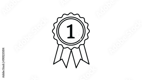 Simple black and white line icon depicting a first place award ribbon with the number one to signify victory or a very high achievement level.