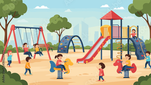 Vibrant outdoor playground scene filled with diverse children happily playing on swings, slides, and exciting spring riders under a clear sky.