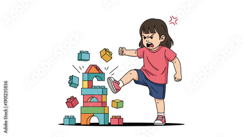 Angry little girl forcefully kicking over a tall tower of colorful building blocks, illustrating a moment of frustration or destructive play.