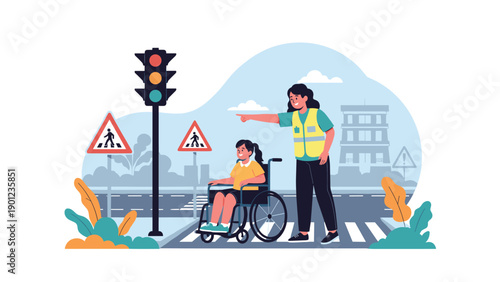 Empathetic woman assisting a girl in a wheelchair to safely cross the street at a crosswalk, featuring a traffic light and pedestrian signs.