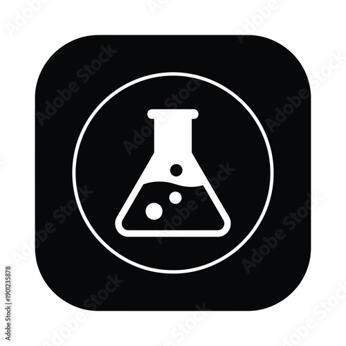 A black square icon with a white outline of a beaker in a circle