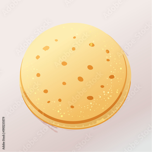 Top view of a golden brown crepe or pancake with small bubbles on a light background
