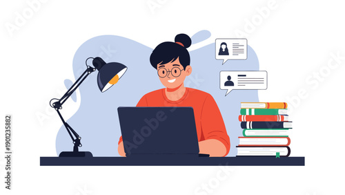 Young woman with glasses diligently working on her laptop at a desk, illuminated by a lamp, surrounded by a stack of books and profile icons.