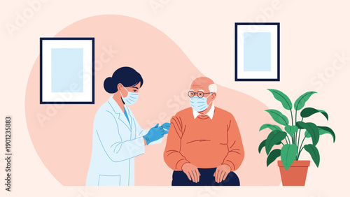 Professional female nurse in a mask and gloves administering a vaccine injection to an elderly man in a comfortable and clean indoor setting.