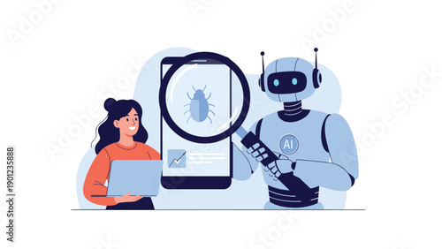 Woman with a laptop and a robot with a magnifying glass collaboratively examining a bug icon on a smartphone screen, symbolizing software testing.