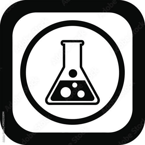 Black and white icon of a beaker in a circle on a with a black border