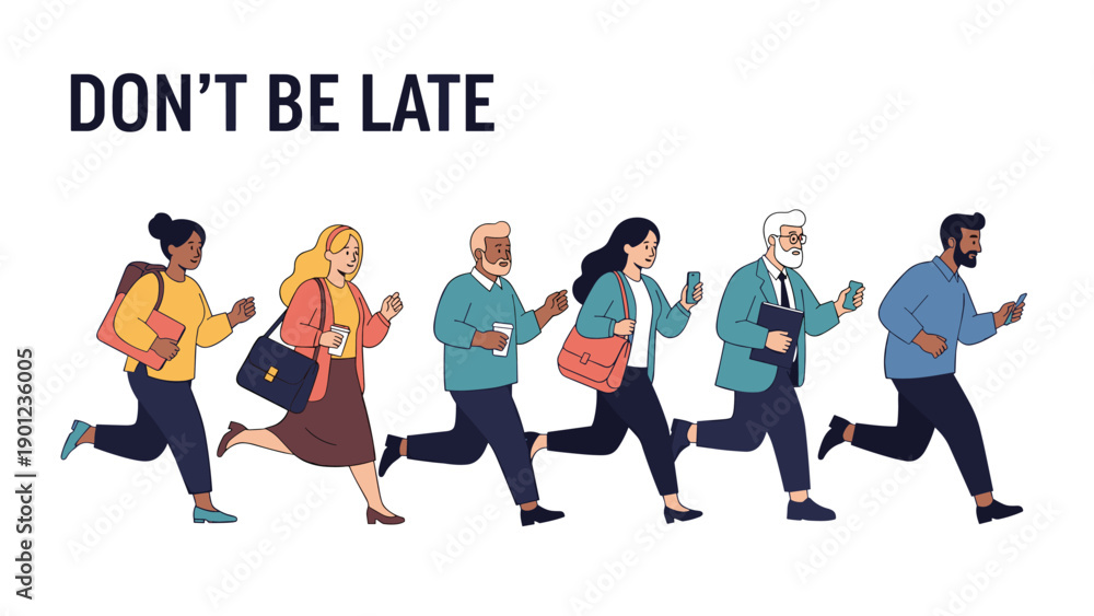 Obraz premium Diverse group of six men and women urgently running, some holding phones, under the motivational phrase 