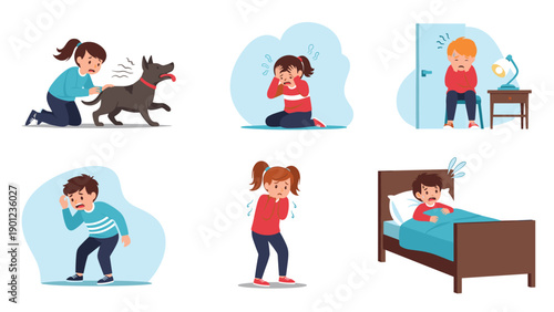 Six distinct scenes depicting children experiencing various forms of fear and anxiety in different situations, from pets to darkness.