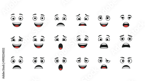 Collection of eighteen simple cartoon facial expressions showing a wide range of emotions including happiness surprise and deep sadness.