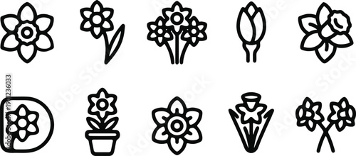Black line drawing set of twelve flower and plant icons, featuring daisy, tulip, bouquet, vase arrangements, viewed flat on white background