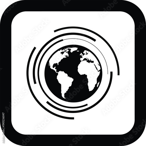 Black and white illustration of the earth with curved lines around it