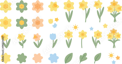 Playful daffodil flower pattern bursting with colorful cartoon blossoms on white background, seen from a whimsical top-down view