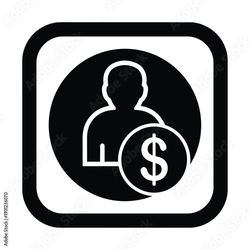 Black and white icon of a persons silhouette with a dollar sign on a black circle