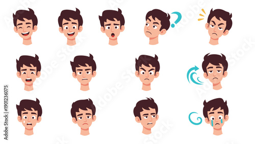 Collection of twelve distinct facial expressions of a young man, clearly illustrating a wide range of emotions including happiness, anger, and sadness.
