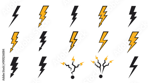 Grid of fifteen lightning bolt symbols in black and yellow colors showing various jagged shapes to represent power and high voltage electricity.