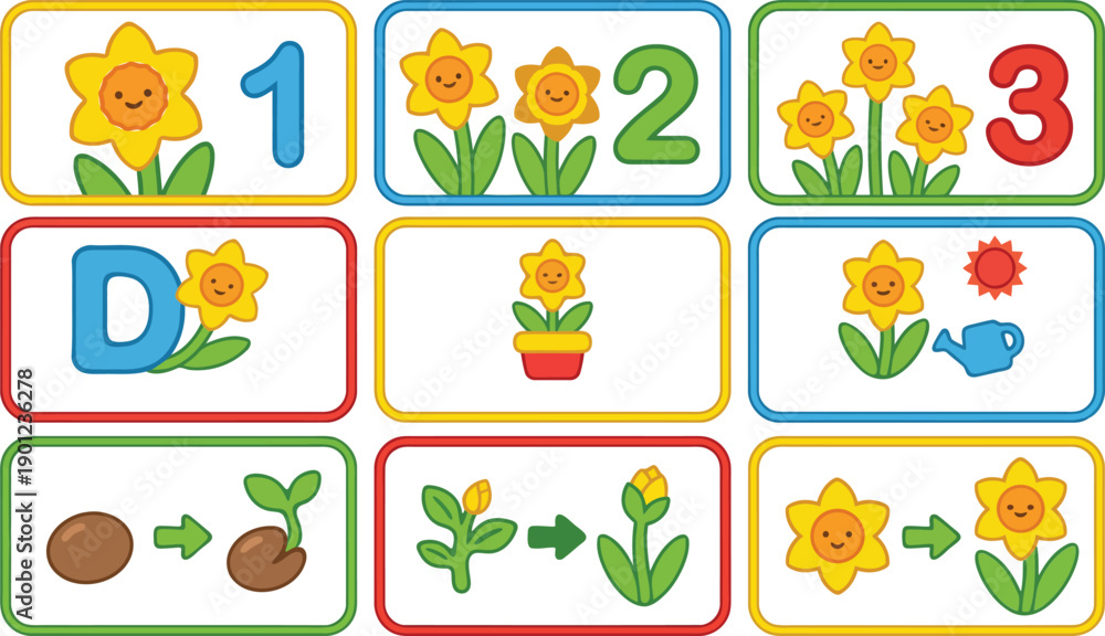 Obraz premium Educational daffodil life cycle illustration displayed in a 3x3 grid on a clean white background, showing stages from seed to blooming flower