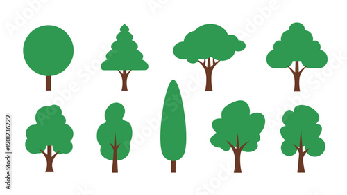 Collection of nine different green tree silhouettes with various canopy shapes and brown trunks displayed on a clean and plain white background.