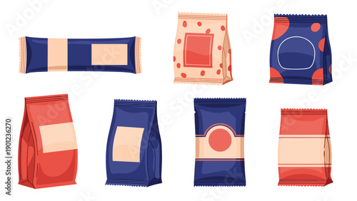 Assortment of seven colorful snack bags and food packaging in different shapes and sizes for potato chips or other delicious treats.