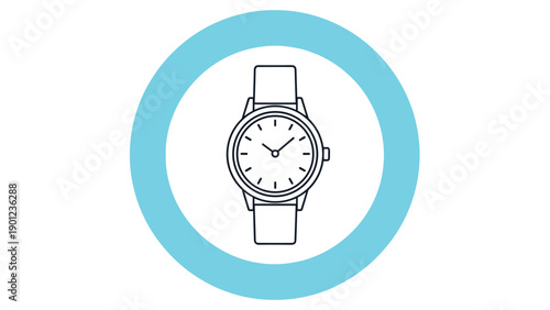 Simple black and white line icon of a classic analog wristwatch enclosed within a bright blue circle for a very modern and graphic design look.