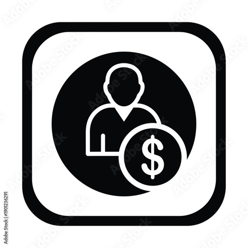 A black and white icon of a person with a dollar sign in a circle