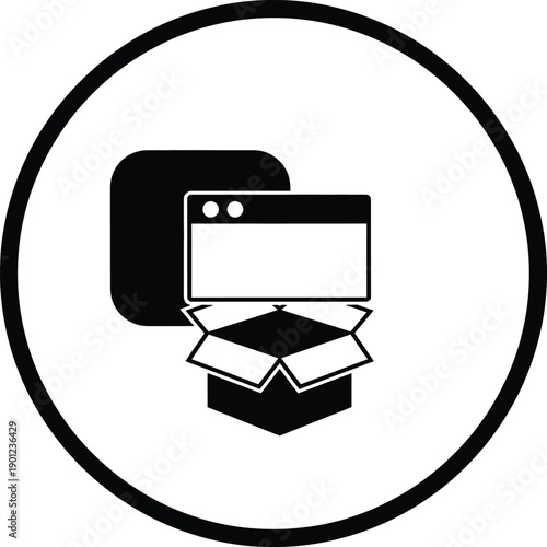 Black and white icon of a shipping box and browser window in a circle