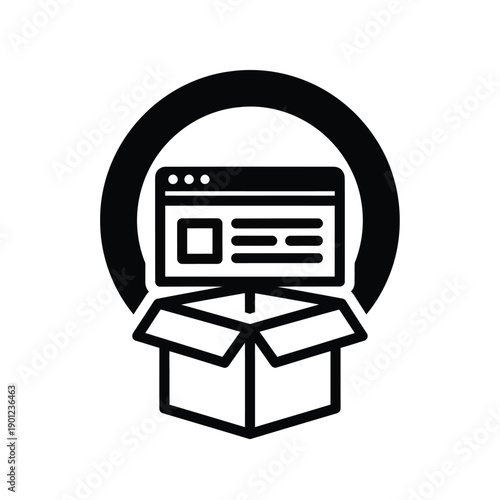 A black and white icon of a computer screen coming out of a cardboard box