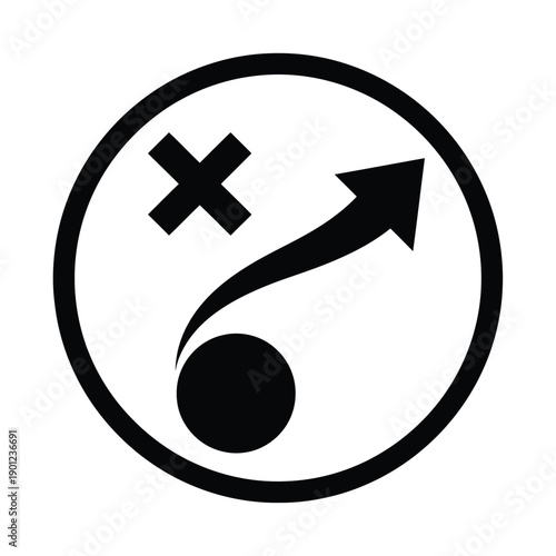 Black and white circular icon with a crossed out ball and arrow pointing right