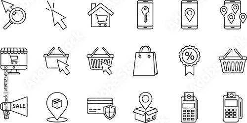 Ecommerce icons, black and white vector, online shopping symbols, secure payment, delivery tracking, mobile access, minimal design, digital commerce illustration
