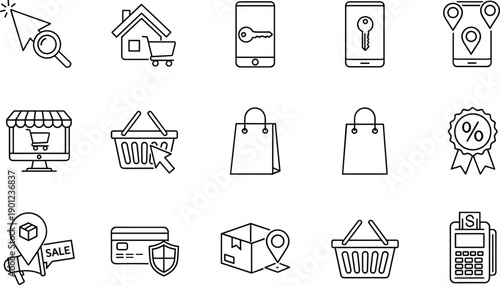 Ecommerce icons, black and white vector, online shopping symbols, secure payment, delivery tracking, cad drawing flat vector illustration