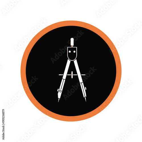 A black circle with an orange border featuring a white drawing compass icon