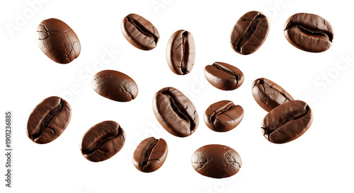 A heap of roasted dark brown arabica coffee beans shows a rich macro texture and aroma as the seeds remain isolated on a white background for a fresh espresso cafe beverage