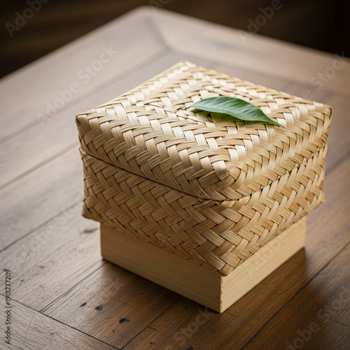 kotak bambu di atas meja kayu