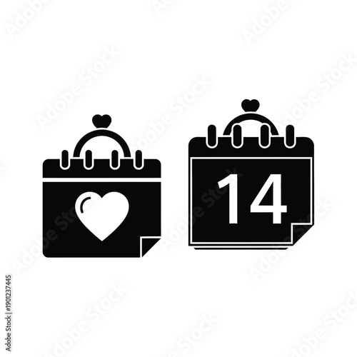 Black and white illustration of two calendar icons with hearts on top, one with a heart on the page and the other showing the date 14