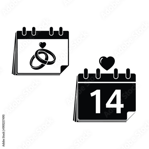 Black and white illustration of calendar icons for valentines day and wedding anniversary