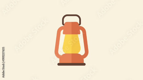 Flat vector illustration of a vintage camping lantern, glowing with warm light, perfect for outdoor adventure and exploration concepts
