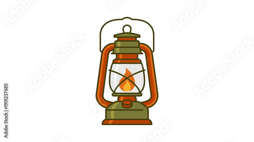 Classic Camping Lantern Flat Vector Icon Design Showcasing Vintage Oil Lamp for Outdoor Adventure and Warm Light Illustration