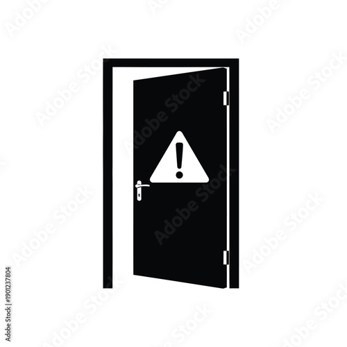 A black door with a white warning sign on it ajar to reveal a