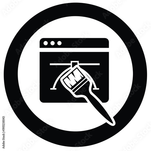 Black and white icon of a paintbrush editing a web page in a circle