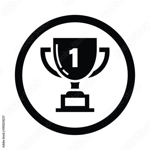 Black trophy icon with number one inside a circle symbolizing achievement and victory in competition