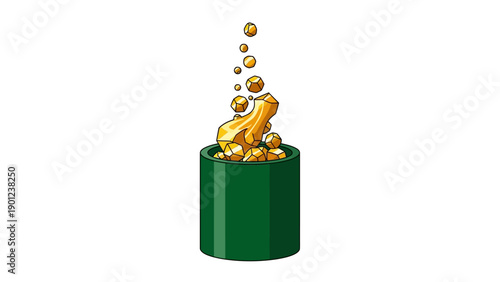 Gold Nuggets and Gems Overflowing from Green Container Vector Illustration