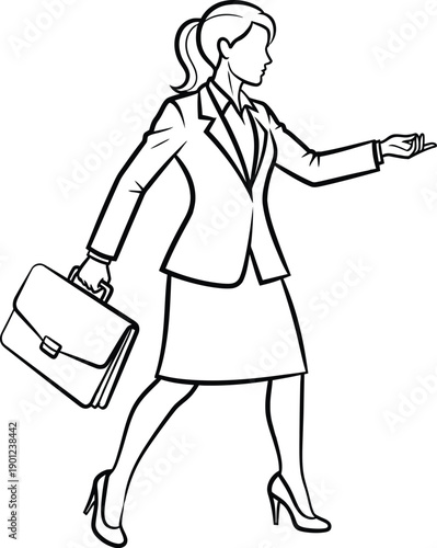 A businesswoman walking and gesturing with a briefcase in her hand