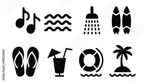 Beach and Music Silhouette Symbol Collection for Summer Holiday.