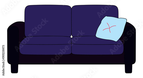 Purple sofa with rejection letter on cushion