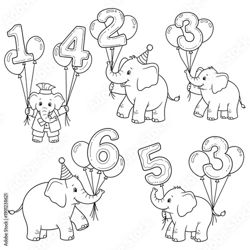 Cute Cartoon Elephants Holding Number Balloons – Educational Coloring Page for Kids
