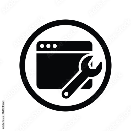 Black and white icon of a browser window with a wrench on a for web design or development concepts