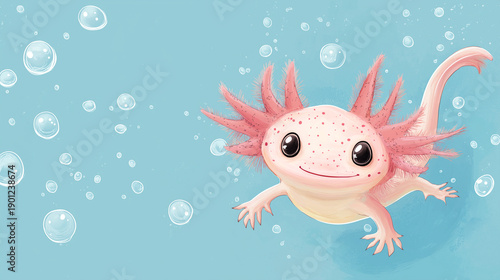 Cute cartoon axolotl swims in pastel blue water with bubbles, creating a fun and playful underwater scene in a joyful environment