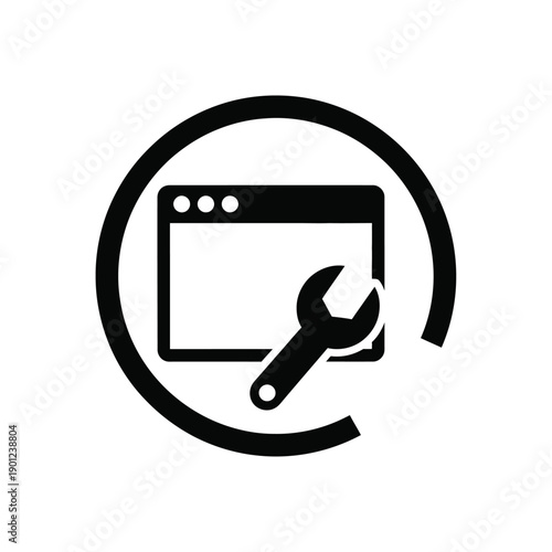 Black and white icon of a browser window with a wrench inside a circle on isolated for web design or development concepts