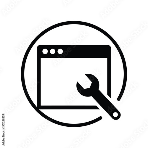 Black and white icon of a browser window with a wrench inside a circle on isolated for web design or development concepts