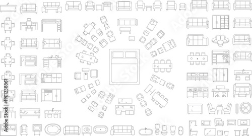 Isolated on transparent background a low resolution image of various technical drawings and diagrams