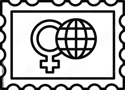 Female symbol and globe on a postage stamp